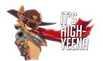  2016 absurd_res anthro blizzard_entertainment cigar clothing cosplay cowboy cowboy_hat crossover depth_of_field digital_media_(artwork) english_text fur grainy gun hat headgear headwear hi_res high_noon humor hyaenid looking_at_viewer male mammal mccree_(overwatch) mostly_nude overwatch pawpads paws pointedfox pun ranged_weapon scarf serape sharp_teeth signature simple_background smile smoke smoking solo spots spotted_fur spotted_hyena standing tan_fur teeth text video_games weapon white_background 