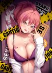  1girl bangs bare_shoulders blush bra breasts chest_tattoo cleavage collarbone dearonnus dress_shirt earrings eyelashes hair_between_eyes hoop_earrings idolmaster idolmaster_cinderella_girls jewelry jougasaki_mika large_breasts long_hair looking_at_viewer navel off_shoulder open_clothes open_mouth open_shirt pink_hair ponytail purple_bra shirt smile solo tattoo tongue tongue_out underwear white_shirt yellow_eyes 