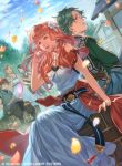  2boys 3girls alm_(fire_emblem) alternate_costume back-to-back blonde_hair braid brown_hair celica_(fire_emblem) cloud cloudy_sky day dress drum earrings eyebrows_visible_through_hair fire_emblem fire_emblem_cipher fire_emblem_echoes:_mou_hitori_no_eiyuuou flower flute green_eyes green_hair hair_flower hair_ornament hand_in_hair house instrument jewelry kato_ayaka long_hair multiple_boys multiple_girls necklace official_art open_mouth orange_hair outdoors pants parted_lips petals profile sash shirt short_hair sitting sky sleeveless tree vest watermark white_dress wind 