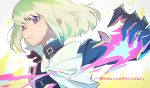  1boy black_gloves black_jacket blonde_hair cravat fire gloves jacket lio_fotia looking_at_viewer outstretched_arm promare purple_eyes sakuro 