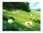  :3 artist_name ashley_coad blue_sky bush closed_eyes cloud field flower gen_2_pokemon gen_8_pokemon grass looking_up mareep no_humans pokemon pokemon_(creature) scenery sky symbol_commentary tree watermark web_address wool wooloo 