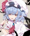  &gt;:) 1girl :p ascot bangs bat bat_wings blood blood_on_face bloody_hands blue_hair blush bow brooch center_frills commentary_request dress ear_piercing eyebrows_visible_through_hair fangs fangs_out fingernails frilled_shirt_collar frills grey_background hair_between_eyes hand_up hat hat_bow highres jewelry looking_at_viewer mob_cap nail_polish piercing pointy_ears puffy_short_sleeves puffy_sleeves red_bow red_eyes red_nails red_neckwear remilia_scarlet satoupote sharp_fingernails short_hair short_sleeves simple_background smile solo tongue tongue_out touhou upper_body v-shaped_eyebrows white_dress white_headwear wings wrist_cuffs 