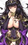  1girl :q bangs bed_sheet black_eyes black_hair blunt_bangs bodystocking breasts bridal_gauntlets censored close-up covered_navel dakimakura eyebrows_visible_through_hair fire_emblem fire_emblem:_kakusei hand_on_own_chest heart heart_censor jewelry large_breasts long_hair looking_at_viewer nipples smile solo tharja tiara tongue tongue_out tony_guisado torn_clothes two_side_up upper_body 