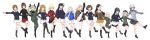  6+girls absurdres ahoge akiyama_yukari anchovy ankle_boots anzio_military_uniform arm_around_back asymmetrical_bangs bangs bc_freedom_military_uniform belt beret black_belt black_footwear black_hair black_headwear black_jacket black_legwear black_neckwear black_ribbon black_shirt black_skirt blonde_hair blue_footwear blue_headwear blue_jacket blue_shorts blue_skirt blue_vest blunt_bangs boots braid brown_hair brown_jacket chi-hatan_military_uniform closed_eyes cross-laced_footwear dancing darjeeling dress_shirt drill_hair emblem epaulettes facing_viewer fang garrison_cap girls_und_panzer green_hair green_jumpsuit green_shirt grey_jacket grey_pants hair_intakes hair_ribbon hairband hat high_collar high_kick highres hisaki insignia isuzu_hana jacket japanese_tankery_league_(emblem) katyusha kay_(girls_und_panzer) keizoku_military_uniform kick_line kicking knee_boots kuromorimine_military_uniform lace-up_boots light_brown_hair long_hair long_sleeves marie_(girls_und_panzer) messy_hair mika_(girls_und_panzer) military military_hat military_uniform miniskirt multiple_girls necktie nishi_kinuyo nishizumi_maho nishizumi_miho one_side_up ooarai_military_uniform open_clothes open_jacket open_mouth orange_hair pants pleated_skirt pravda_military_uniform raglan_sleeves red_jacket red_shirt red_skirt reizei_mako ribbon sam_browne_belt saunders_military_uniform selection_university_military_uniform shimada_arisu shirt short_hair short_jumpsuit short_shorts shorts siblings side-by-side simple_background sisters skirt smile socks st._gloriana&#039;s_military_uniform standing takebe_saori thighhighs tied_hair track_jacket trait_connection twin_braids twin_drills twintails uniform vest white_background white_hairband white_legwear white_shirt white_skirt wing_collar yellow_skirt zipper 