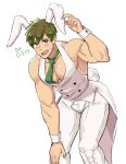  1boy absurdres animal_ears blush bow brown_hair bunny_boy chest coattails detached_collar free! green_eyes green_neckwear highres kemonomimi_mode looking_at_viewer male_focus milki muscle necktie open_mouth pectorals simple_background sleeveless solo tachibana_makoto waistcoat white_background white_wrist_cuffs wrist_cuffs 