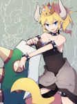  5_fingers animal_humanoid big_breasts black_clothing black_dress blonde_hair blue_eyes blush bowser bowsette_meme breasts cleavage clothed clothing crown dress fangs grey_background hair horn human humanoid looking_at_viewer mammal mario_bros nintendo open_mouth princess_peach reptile sasa_onigiri scalie simple_background spikes super_crown teeth tongue turtle video_games 
