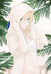  1girl artoria_pendragon_(all) blonde_hair blue_ribbon blurry blurry_background fate/stay_night fate_(series) green_eyes hair_between_eyes hair_ribbon highres holding holding_towel hood hood_down hooded_jacket jacket open_clothes open_jacket parted_lips ribbon saber short_hair solo strapless strapless_bikini suzuakks towel wet wet_hair white_bikini_top white_jacket 