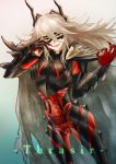  1girl bone breastplate character_name feh_xeri fire_emblem fire_emblem_heroes highres horned_mask long_hair mask parted_lips red_eyes see-through simple_background skeleton solo thrasir_(fire_emblem) white_hair 