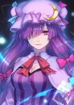  1girl bangs black_background blue_bow blue_ribbon bow breasts capelet cleavage commentary_request crescent crescent_hair_ornament dress hair_bow hair_ornament hair_over_one_eye hat hat_ribbon large_breasts long_hair looking_at_viewer mob_cap neck_ribbon patchouli_knowledge pink_lips purple_bow purple_capelet purple_dress purple_eyes purple_hair purple_headwear purple_ribbon re_(re_09) red_neckwear red_ribbon ribbon solo striped touhou upper_body vertical-striped_dress vertical_stripes 