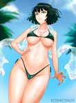  1girl artist_name bangs bare_arms bare_shoulders bikini blue_sky blurry blurry_background breasts cameltoe collarbone commentary_request day floral_print fubuki_(one-punch_man) green_bikini green_eyes green_hair hand_on_hip highleg highleg_bikini jewelry koshio large_breasts looking_at_viewer navel necklace one-punch_man outdoors palm_leaf palm_tree parted_lips pearl_necklace shiny shiny_hair shiny_skin sky solo stomach swimsuit thighs tree 