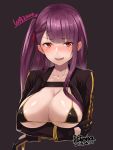  1girl arms_under_breasts bangs bikini black_bikini blazer blush breasts character_name cropped_torso dated embarrassed eyebrows_visible_through_hair girls_frontline gloves hair_ribbon half_updo hiruno jacket large_breasts long_hair looking_at_viewer micro_bikini one_side_up open_mouth purple_hair red_eyes ribbon signature simple_background solo sweatdrop swimsuit tearing_up very_long_hair wa2000_(girls_frontline) 