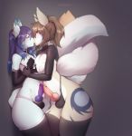  animal_genitalia animal_penis anthro bulge canid canine canine_penis clothed clothing collar crossdressing duo girly hi_res kissing knot legwear male male/male mammal penis standing suelix thick_thighs thigh_highs tight_clothing underwear wide_hips 