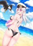  1girl akashiro_yurisu alternate_costume ass azur_lane back bald_eagle beach bikini bird black_bikini blush breasts butt_crack cloud cloudy_sky day droplet dutch_angle eagle enterprise_(azur_lane) eyebrows_visible_through_hair from_behind hair_between_eyes hat highres long_hair looking_at_viewer looking_back medium_breasts military_hat ocean open_mouth outdoors purple_eyes side-tie_bikini sideboob silver_hair sky solo sunlight swimsuit wet white_headwear 