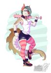  anthro baseball_bat bat_(object) canid canine clothed clothing collar dragon female footwear hybrid looking_at_viewer mammal shoes solo standing vallhund 