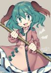  1girl animal_ears artist_name blush broom dated dog_ears eyebrows_visible_through_hair green_eyes green_hair holding holding_broom iroyopon kasodani_kyouko long_sleeves looking_at_viewer open_mouth puffy_sleeves signature smile solo tongue touhou upper_teeth 