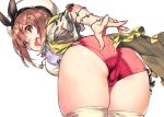  1girl 92m ass ass_focus atelier_(series) atelier_ryza beret breasts brown_eyes brown_hair cowboy_shot hair_ornament hairclip hat looking_at_viewer open_mouth red_shorts reisalin_stout round_teeth short_shorts shorts simple_background smile solo spanking_self teeth thighhighs thighs white_background 