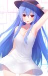  1girl :d alternate_costume arm_behind_head arm_up armpits bangs bare_arms bare_shoulders black_headwear blue_hair breasts casual cleavage collarbone commentary_request cowboy_shot dress firepo food fruit hair_between_eyes highres hinanawi_tenshi long_hair looking_at_viewer medium_breasts open_mouth peach red_eyes sleeveless sleeveless_dress smile solo spaghetti_strap standing touhou white_dress 