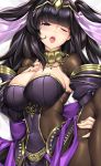  1girl ;o bangs bed_sheet black_eyes black_hair blunt_bangs blush bodystocking breasts bridal_gauntlets close-up dakimakura eyebrows_visible_through_hair fire_emblem fire_emblem:_kakusei hand_on_own_chest jewelry knee_up large_breasts long_hair looking_at_viewer one_eye_closed open_mouth solo tharja tiara tongue tony_guisado two_side_up upper_body veil 
