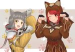  2girls animal_ears animal_hood bangs blunt_bangs blush bodysuit breasts brown_hoodie cat_day cat_ears eyebrows_visible_through_hair facial_mark fangs fingerless_gloves gloves grey_background homura_(xenoblade_2) hood large_breasts long_sleeves looking_at_viewer multiple_girls niyah one_eye_closed paw_pose paw_print red_hair ribbon short_hair silver_hair smile sssemiii swept_bangs white_background white_gloves xenoblade_(series) xenoblade_2 yellow_bodysuit yellow_eyes yellow_ribbon 