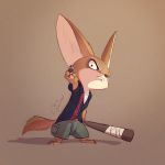  1:1 2018 3_toes 4_fingers absurd_res anthro barefoot baseball_bat bat_(object) big_ears bottomwear brown_eyes brown_nose canid canine claws clothed clothing digital_drawing_(artwork) digital_media_(artwork) disney fennec finnick fox frown fur gesture grainy hi_res holding_object looking_at_viewer male mammal pointedfox pointing pointing_at_viewer reaction_image shirt shorts signature solo standing stink_eye tan_fur toes topwear zootopia 