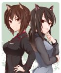  animal_ears arm_grab back-to-back bangs black_jacket blue_jacket brown_eyes brown_hair closed_mouth commentary dress_shirt finger_to_mouth from_side girls_und_panzer hand_on_hip insignia jacket keizoku_military_uniform kemonomimi_mode kuromorimine_military_uniform light_frown light_smile long_sleeves looking_at_viewer mika_(girls_und_panzer) military military_uniform nakaya_106 nishizumi_maho no_hat no_headwear raglan_sleeves red_shirt shirt short_hair standing track_jacket uniform upper_body 