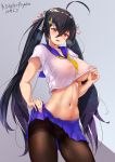  1girl absurdres ahoge artist_request azur_lane bangs black_hair blue_sailor_collar blue_skirt blush breasts chinese_commentary collarbone commentary_request covered_nipples crossed_bangs dated fingernails hair_between_eyes hair_ornament hair_ribbon hairclip head_tilt heart heart-shaped_pupils heavy_breathing highres large_breasts lifted_by_self long_hair looking_at_viewer microskirt navel neckerchief open_mouth panties panties_under_pantyhose pantyhose pleated_skirt red_eyes ribbon sailor_collar school_uniform see-through serafuku shiny shiny_skin shirt_lift short_sleeves signature skirt skirt_lift solo standing stomach striped striped_ribbon symbol-shaped_pupils taihou_(azur_lane) thighband_pantyhose tied_hair twintails underboob underwear very_long_hair white_serafuku yellow_neckwear 