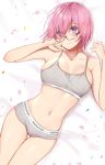  1girl bed_sheet boyshorts bra breasts cherry_blossoms closed_mouth collarbone eyebrows_visible_through_hair eyes_visible_through_hair fate/grand_order fate_(series) flower from_above glasses hair_over_one_eye highres lying mash_kyrielight medium_breasts on_bed petals pink_hair purple_eyes sheet_grab short_hair smile sports_bra thighs uiri-na underwear underwear_only 