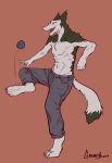  anthro clothed clothing fur greasymojo hi_res male navel open_mouth sergal simple_background solo standing topless 