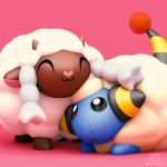  1:1 3d_(artwork) ambiguous_gender black_eyes bovid caprine digital_media_(artwork) duo eyes_closed feral fur henry_vargas hi_res mammal mareep nintendo pink_background pink_nose pok&eacute;mon pok&eacute;mon_(species) quadruped simple_background video_games white_fur wooloo 