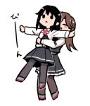  2girls arashio_(kantai_collection) asashio_(kantai_collection) black_hair black_legwear blazer blush_stickers brown_hair closed_eyes commentary_request dress frilled_dress frills hug hug_from_behind jacket kantai_collection lifting long_hair long_sleeves lowres multiple_girls neck_ribbon pantyhose pinafore_dress remodel_(kantai_collection) ribbon shirt simple_background solid_oval_eyes terrajin white_background white_shirt 