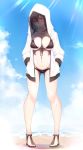  1girl absurdres bangs beach bikini black_bikini black_hair blush breasts collarbone front-tie_top hands_in_pockets highres hood hoodie large_breasts looking_at_viewer open_clothes open_hoodie original purple_eyes sandals short_hair sky solo standing swimsuit yamanokami_eaka 