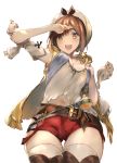  1girl :d araido_kagiri atelier_(series) atelier_ryza belt breasts brown_eyes brown_hair character_request commentary_request cowboy_shot detached_sleeves flask hair_ornament hairclip hat highres looking_at_viewer medium_breasts open_mouth red_shorts reisalin_stout short_shorts shorts simple_background smile solo star thigh_gap thighhighs upper_teeth white_background 