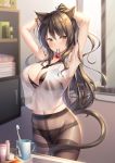  1girl animal_ears arknights bangs bathroom black_bra black_legwear black_panties blurry blurry_background bra breasts brown_eyes brown_hair cat_ears cat_tail cleavage collarbone ear_piercing groin hair_between_eyes hair_tie_in_mouth highres holding holding_hair indoors lace lace-trimmed_panties long_hair looking_at_viewer mouth_hold panties panties_under_pantyhose pantyhose piercing pupupu_(1053378452) see-through shirt sidelocks skyfire_(arknights) sleeveless sleeveless_shirt smile solo tail toothbrush tying_hair underwear 