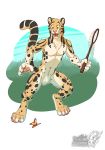  2019 anthro arthropod butterfly clouded_leopard crotch_tuft felid feline fur grass hi_res insect lepidopteran male mammal navel net nude open_mouth orange_eyes outside pantherine smile solo standing vallhund yellow_sclera 