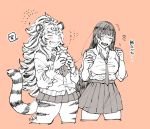  anthro blush breasts clothing duo durga eating fangs felid female female_protagonist_(tas) food fur h_s_050 hair holding_food holding_object human kemono long_hair mammal open_mouth open_smile pantherine smile tiger tokyo_afterschool_summoners video_games 