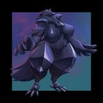  1:1 abstract_background anthro anthrofied armor avian big_breasts bird black_scales black_sclera blue_feathers breasts corvid corviknight digitigrade feathers female hi_res huge_breasts mostly_nude neck_tuft nintendo non-mammal_breasts pok&eacute;mon pok&eacute;mon_(species) pok&eacute;morph pubes scales slightly_chubby solo thick_thighs tuft video_games voluptuous watermark white_pupils wide_hips winged_arms wings yiyani 