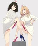  2girls bare_legs black_hair blonde_hair blue_footwear breasts hat high_heels large_breasts lipstick long_hair looking_at_viewer looking_down makeup mikoto_akemi multiple_girls nurse nurse_cap original purple_eyes red_footwear simple_background syringe thigh_strap 