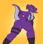  anthro anus blue_eyes clothed clothing dragon fortnite hybrid_(fortnite) legwear lizard looking_at_viewer male partially_clothed perineum presenting reptile scalie smile solo tongue tongue_out ultilix video_games 