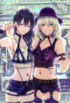  2boys black_hair blonde_hair blue_eyes bulge chain crossdressing drink drinking_straw earrings green_eyes hat heart heterochromia highres jewelry long_hair midriff morino_bambi multiple_boys nail_polish navel navel_piercing original otoko_no_ko piercing purple_eyes smile tumbler 