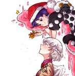  2girls :3 angel_wings animal artist_name bare_arms blob blush bow bowtie braid brooch closed_mouth collared_shirt doremy_sweet dress ear_blush flower french_braid from_side grey_hair grey_wings half-closed_eyes hat highres holding holding_flower jacket jewelry kishin_sagume looking_at_another looking_down looking_up multiple_girls nightcap open_mouth pom_pom_(clothes) purple_eyes purple_hair red_headwear sheep shirt short_hair short_sleeves single_wing sleep_(isliping) smile tail tapir_tail touhou wings 