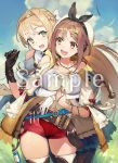  2girls atelier_(series) atelier_ryza belt between_breasts black_gloves blonde_hair blue_skirt blush braid breasts brown_eyes brown_hair cleavage gloves grass green_eyes hair_ornament hairband hairclip hand_between_breasts hat hug hug_from_behind jewelry klaudia_valentz large_breasts long_hair looking_at_another multiple_girls necklace official_art pantyhose partly_fingerless_gloves red_shorts reisalin_stout round-bottom_flask sample short_shorts shorts single_glove skirt smile star star_necklace thighhighs toridamono vial white_gloves white_headwear wind yuri 