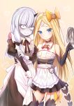  2girls abigail_williams_(fate/grand_order) alternate_costume apron bags_under_eyes bangs bare_shoulders bear_hair_ornament belt_collar black_bow black_dress black_gloves black_legwear black_skirt blonde_hair blush bow brown_background brown_collar closed_mouth collar commentary_request cowboy_shot crossed_bandaids detached_collar dress elbow_gloves enmaided eyebrows_visible_through_hair fate/grand_order fate_(series) frilled_apron frills garter_straps gloves hair_between_eyes hair_bow hair_ornament hand_on_another&#039;s_waist highres holding horn juliet_sleeves lavinia_whateley_(fate/grand_order) long_hair long_sleeves maid multiple_girls parted_bangs pleated_skirt puffy_sleeves purple_eyes silver_hair skirt smile thighhighs very_long_hair waist_apron white_apron white_collar white_gloves wide-eyed wing_collar yellow_bow zhi_yu_(siro800102) 