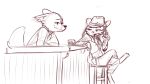  2018 anthro canid canine cheek_tuft clothed clothing cowboy_hat crossed_legs cup disney duo ear_markings facial_markings fox fur_markings gun half-closed_eyes handgun hat headgear headwear holding_object holding_weapon ittybittykittytittys jack_savage lagomorph leporid mammal markings monochrome nick_wilde rabbit ranged_weapon red_and_white simple_background sitting stool tuft weapon white_background zootopia 