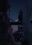  black_cat black_hair cat cityscape clock clock_tower curtains facing_away full_body gloves highres indoors jayceaua julianne_stingray long_hair long_sleeves looking_out_window night night_sky no_shoes pencil_skirt skirt sky standing stingray tower va-11_hall-a white_gloves 