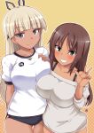  2girls alice_gear_aegis aoi_manabu aqua_eyes araime_yasuri arms_behind_back ass_visible_through_thighs bangs bare_shoulders blonde_hair blunt_bangs blush breasts brown_hair buruma dark_skin grin kaneshiya_sitara large_breasts looking_at_viewer multiple_girls purple_eyes smile sweatdrop w 