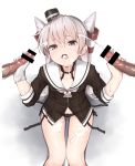  1girl 2boys absurdres after_fellatio amatsukaze_(kantai_collection) bangs bar_censor black_panties blush bow bow_panties breasts brown_dress brown_eyes bukkake censored choker collarbone commentary_request cum cum_in_mouth cum_on_body cum_on_lower_body cum_on_upper_body cumdrip disembodied_penis double_handjob dress ejaculation erection eyebrows_visible_through_hair facial garter_straps gloves hair_between_eyes hair_tubes handjob hat hetero highres holding kantai_collection long_hair long_sleeves looking_at_viewer mini_hat multiple_boys multiple_penises neckerchief open_mouth oral panties penis penis_grab sailor_dress saliva school_uniform serafuku short_dress side-tie_panties silver_hair simple_background single_glove sitting solo_focus tongue tongue_out two_side_up underwear veins veiny_penis wet white_background white_gloves zetsuriinu_(kairyougata) 