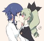  2girls aimai_(luckyfive) anchovy anzio_school_uniform bangs beige_background black_cape black_hair black_neckwear black_ribbon blush braid cape closed_eyes commentary dress_shirt drill_hair eyebrows_visible_through_hair girls_und_panzer green_hair hair_ribbon hair_tie hand_on_another&#039;s_face kiss long_hair long_sleeves looking_at_another multiple_girls necktie pepperoni_(girls_und_panzer) red_eyes ribbon school_uniform shirt short_hair side_braid simx standing twin_drills twintails white_shirt yuri 