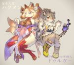  2019 anthro breasts canid canine choker clothed clothing dress duo durga felid female footwear fox fur hakumen head_wear high_heels japanese_text kemono mammal pantherine sabakamen shoes simple_background text tiger tokyo_afterschool_summoners video_games zipper 