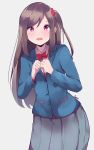  1girl absurdres bangs blazer blue_jacket blush bow brown_hair collared_shirt commentary d: eyebrows_visible_through_hair grey_background grey_skirt hair_between_eyes hair_ornament hands_up highres hitori_bocchi hitoribocchi_no_marumaru_seikatsu jacket long_hair long_sleeves one_side_up open_mouth pleated_skirt red_bow red_eyes round_teeth school_uniform shirt signature simple_background skirt solo swept_bangs tears teeth tegar32 upper_teeth very_long_hair white_shirt 