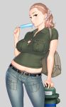  1girl backpack bag belt breasts brown_hair cleavage denim food forehead grey_background highres jeans looking_at_viewer midriff mole mole_under_eye original pants popsicle red-p simple_background solo teeth tongue tongue_out 